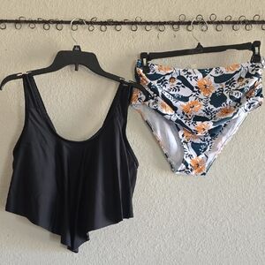 Two-Piece Swimsuit Set - Black Tankini Top & Floral High-Waist Bottoms